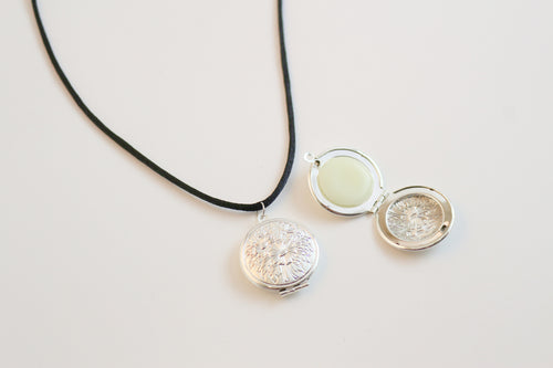 Solid Perfume Locket Necklace (Silver Circular Locket on Black Leather Cord)
