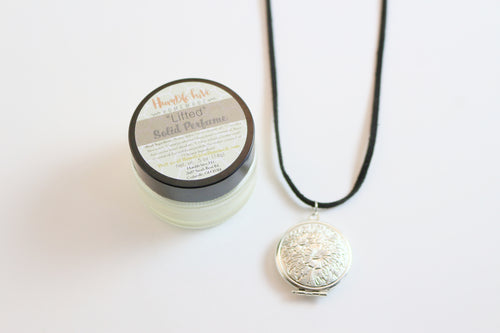 Solid Perfume Locket Necklace & Jar of Perfume (Silver Circular Locket on Black Leather Cord)