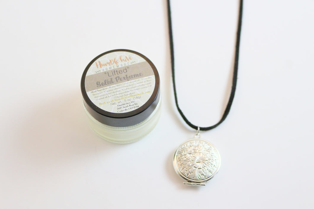 Solid Perfume Locket Necklace & Jar of Perfume (Silver Circular Locket on Black Leather Cord)