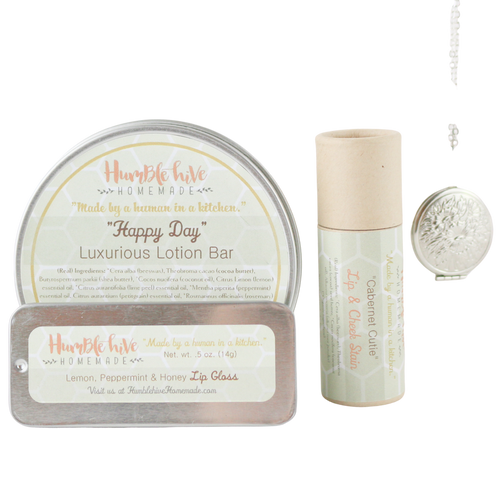 Toxin-Free Bridesmaid Gift Set- Silver Solid Perfume Locket Necklace, Lotion Bar, Lip & Cheek Stain, and Lip Gloss