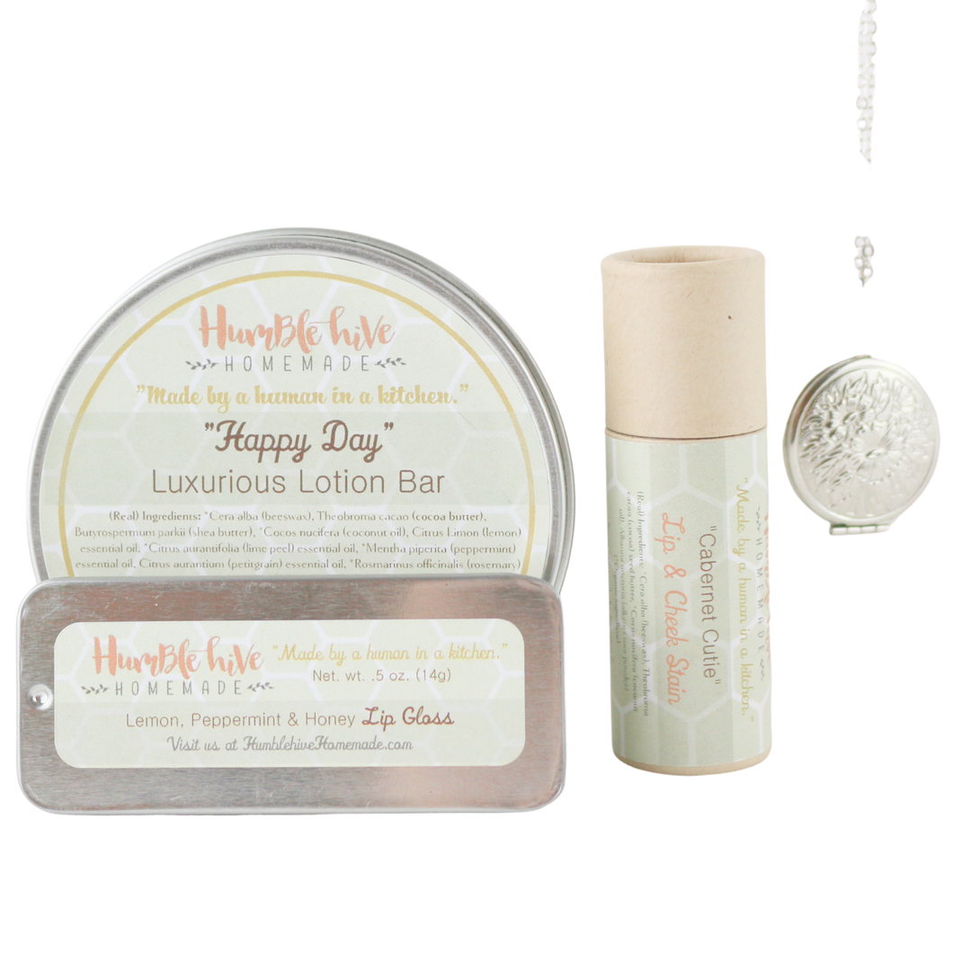 Toxin-Free Bridesmaid Gift Set- Silver Solid Perfume Locket Necklace, Lotion Bar, Lip & Cheek Stain, and Lip Gloss