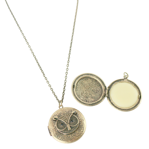 Solid Perfume Locket Necklace (Small Circular Owl on 18-inch Chain)