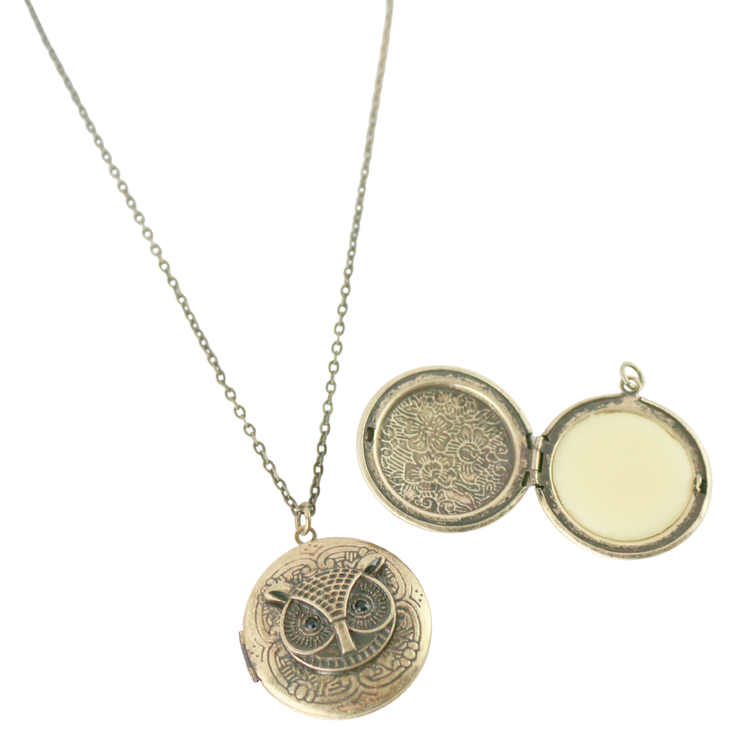 Solid Perfume Locket Necklace (Small Circular Owl on 18-inch Chain)