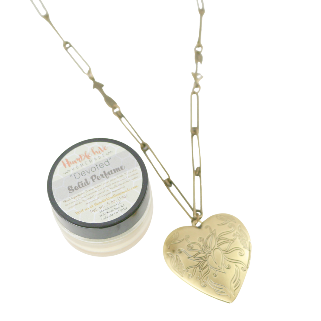 Solid Perfume Locket Necklace & Jar of Perfume (Large Bronze Heart on 24-inch Arrow Necklace)