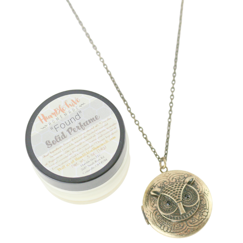 Solid Perfume Locket Necklace & Jar of Perfume (Small Circular Owl on 18-inch Chain)