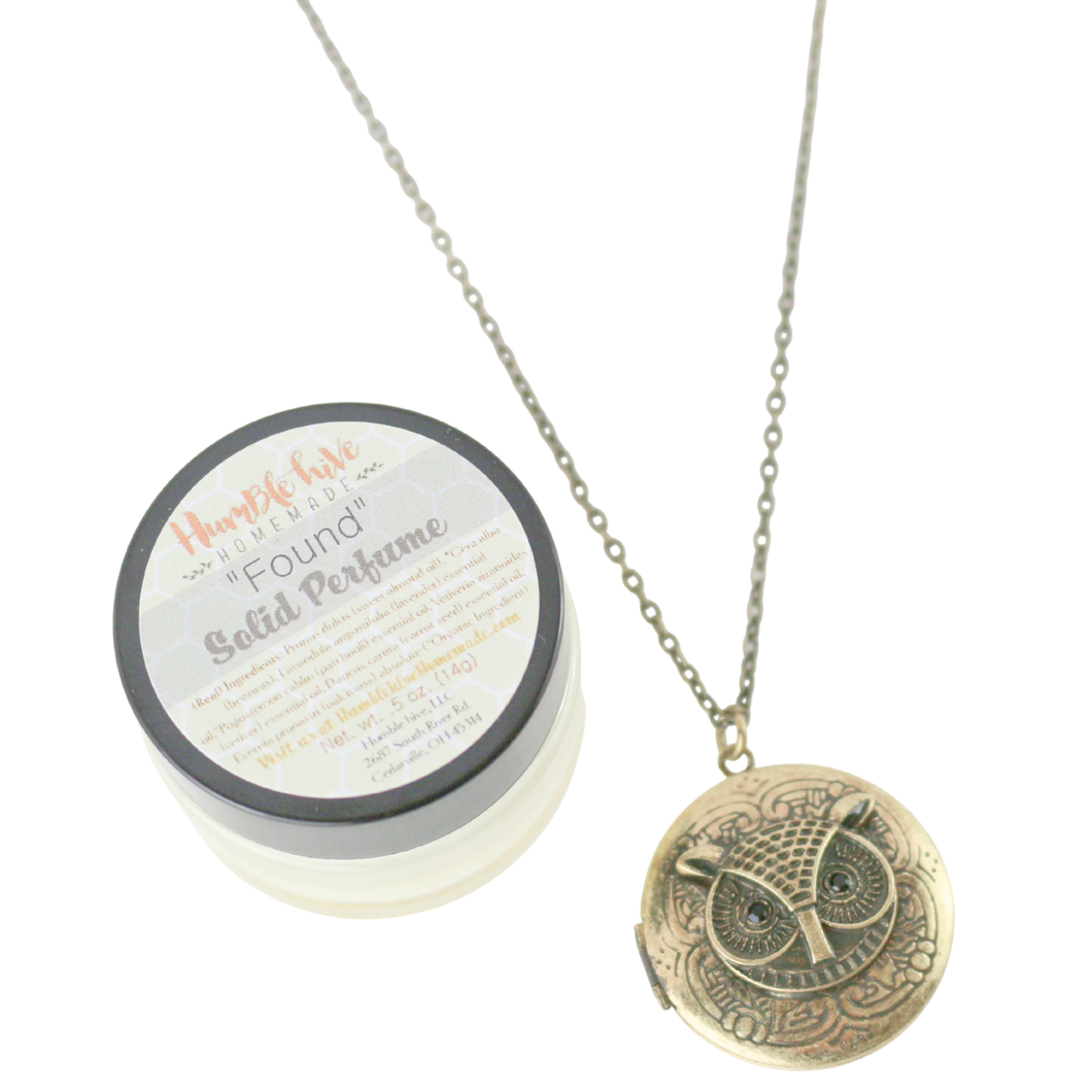 Solid Perfume Locket Necklace & Jar of Perfume (Small Circular Owl on 18-inch Chain)