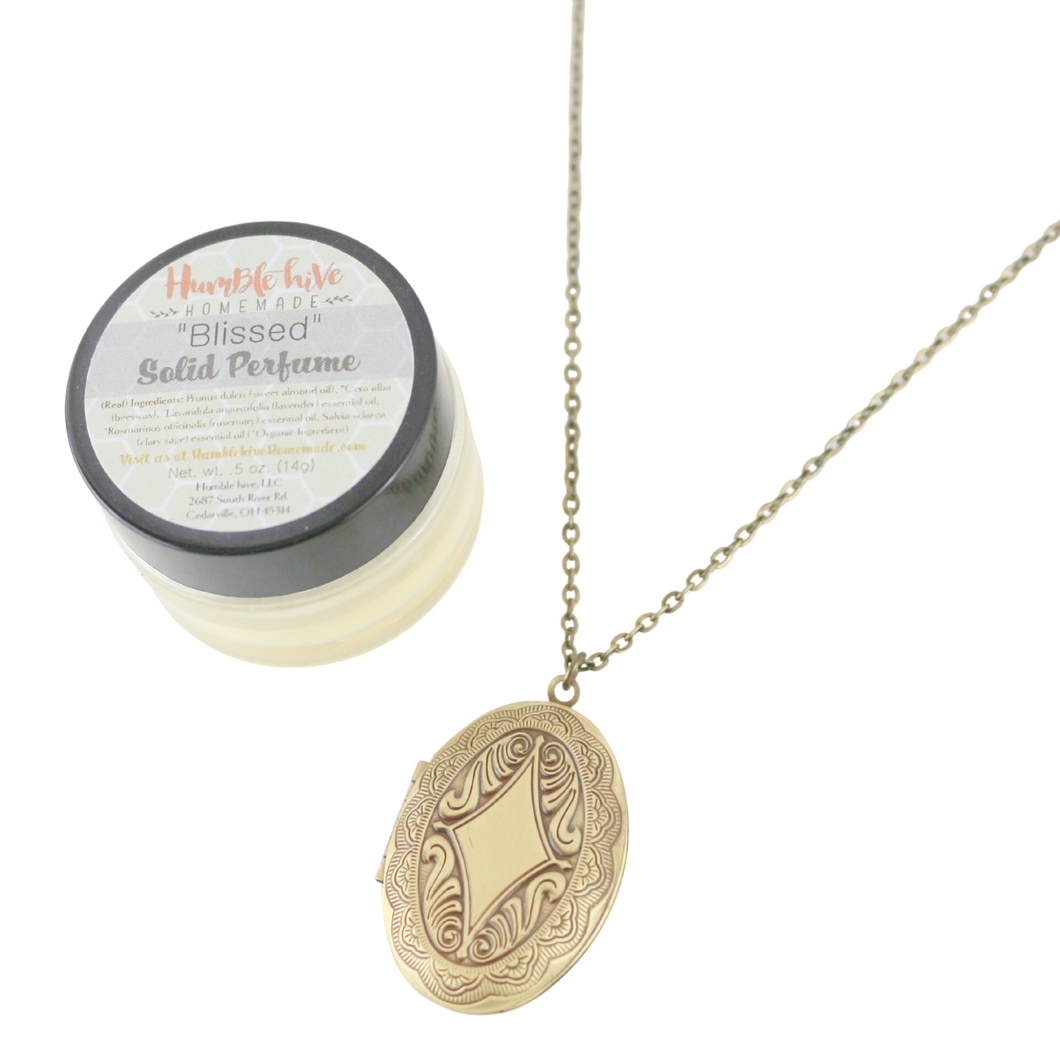 Solid Perfume Locket Necklace & Jar of Perfume (Small Bronze Oval on 18-inch Chain)