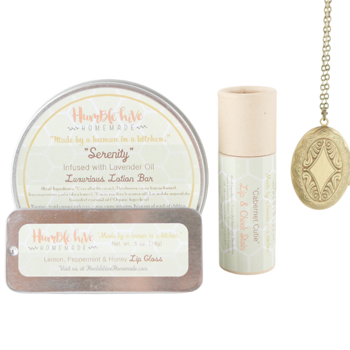 Mother's Day Gift Set- Antique Bronze Solid Perfume Locket Necklace, Lotion Bar, Lip & Cheek Stain, and Lip Gloss