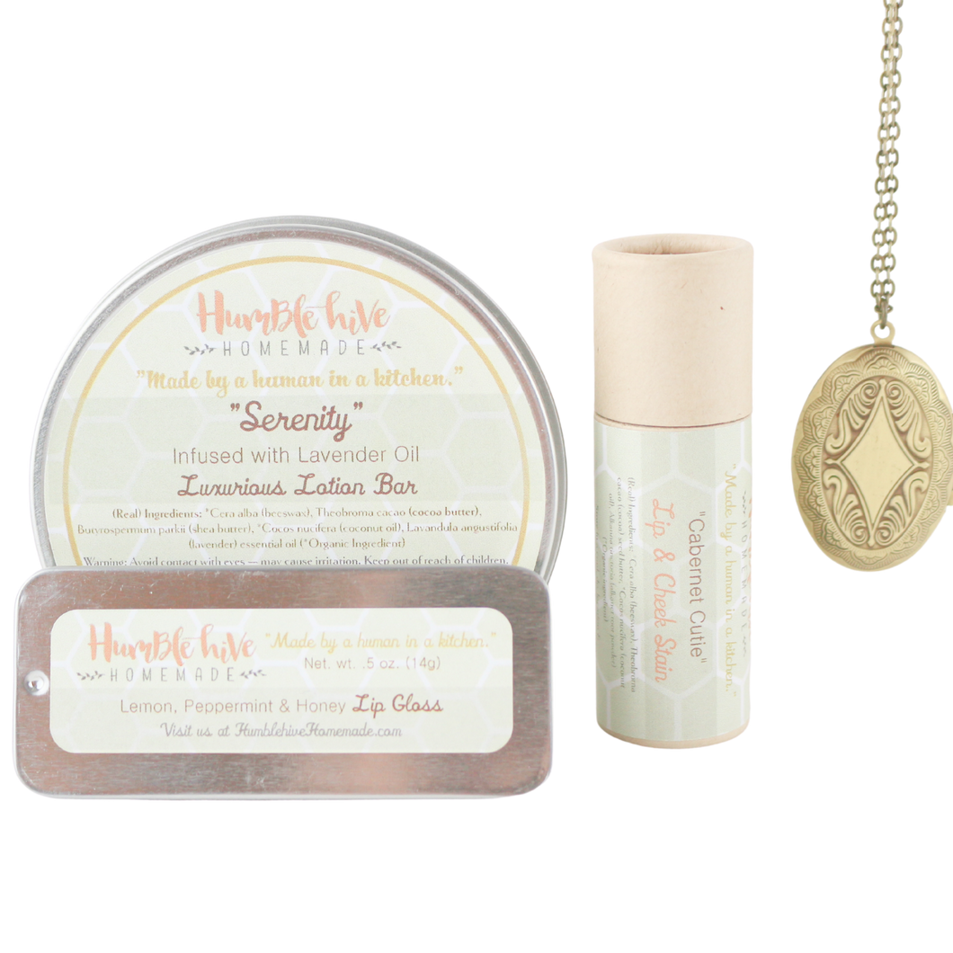 Mother's Day Gift Set- Antique Bronze Solid Perfume Locket Necklace, Lotion Bar, Lip & Cheek Stain, and Lip Gloss