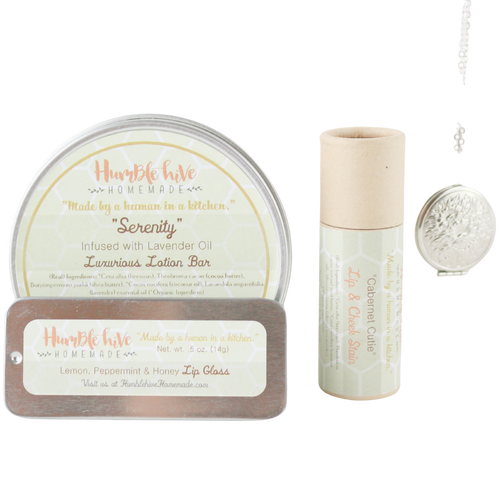 Mother's Day Gift Set- Silver Solid Perfume Locket Necklace, Lotion Bar, Lip & Cheek Stain, and Lip Gloss