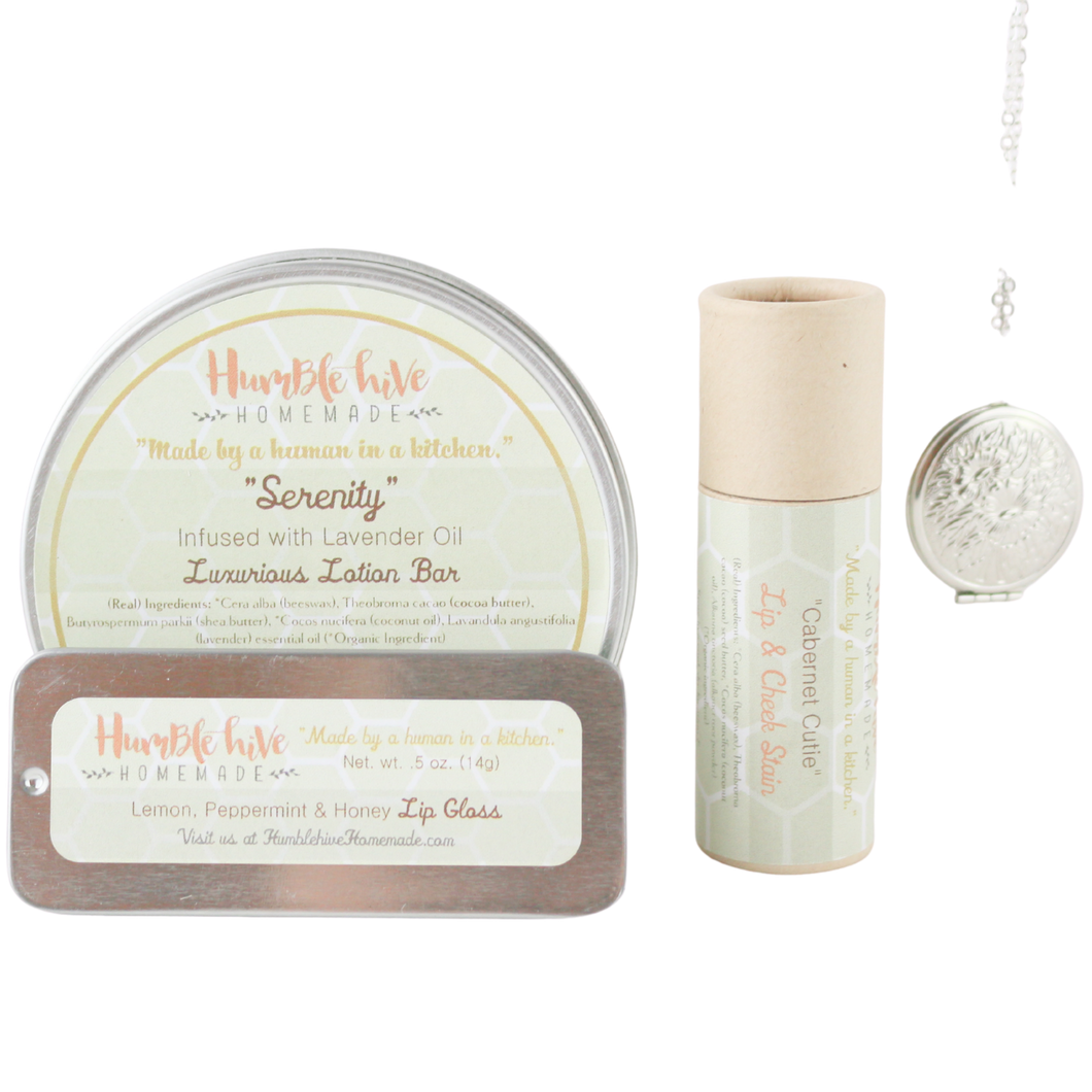 Mother's Day Gift Set- Silver Solid Perfume Locket Necklace, Lotion Bar, Lip & Cheek Stain, and Lip Gloss