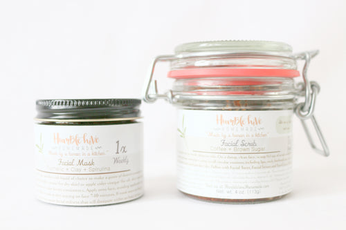 Weekly Skin Care Set- (4 oz.) Coffee + Brown Sugar Scrub & (2 oz.) Turmeric + Clay + Spirulina Face Mask