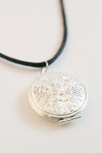 Solid Perfume Locket Necklace (Silver Circular Locket on Black Leather Cord)