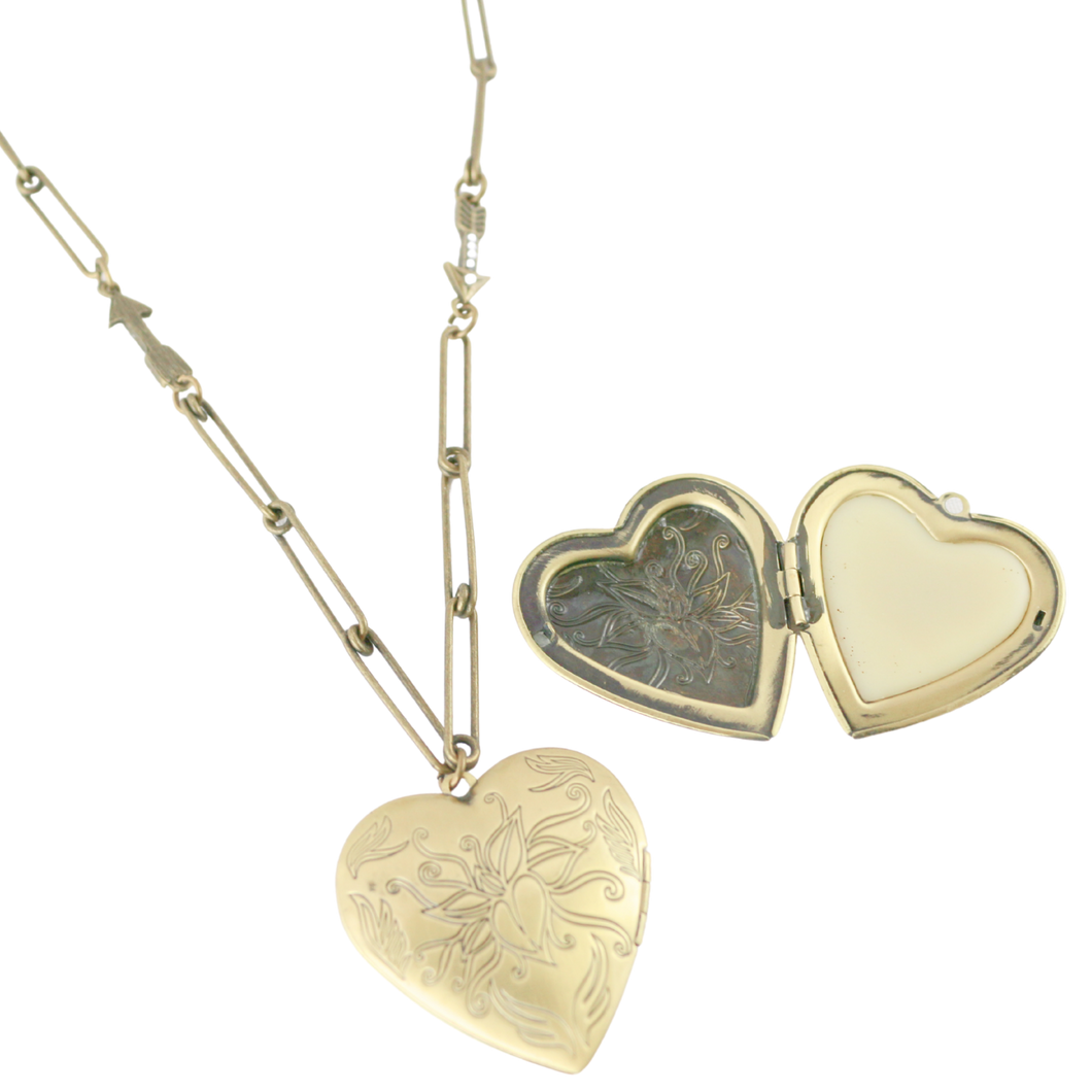 Solid Perfume Locket Necklace (Large Bronze Heart on 24-inch Arrow Necklace)