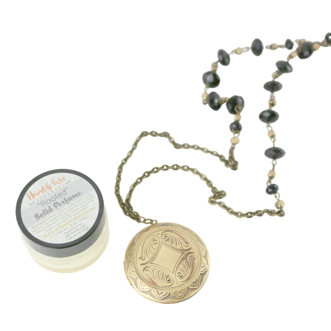 Solid Perfume Locket Necklace & Jar of Perfume (Large Bronze Circle on 36-inch Black Beaded Necklace)