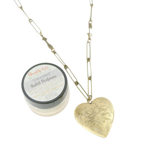 Solid Perfume Locket Necklace & Jar of Perfume (Large Bronze Heart on 24-inch Arrow Necklace)