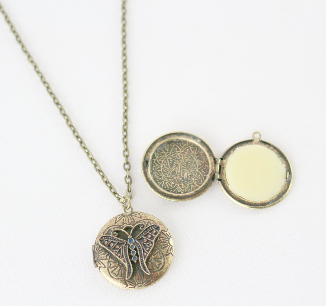 Solid Perfume Locket Necklace (Small Circular Butterfly on 18-inch Chain)
